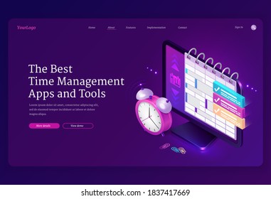 Time Management Apps And Tools Isometric Landing Page, Computer Desktop With Planner Or Calendar On Screen And Alarm Clock, Pc Software For Work Organization, Planning And Control 3d Vector Web Banner