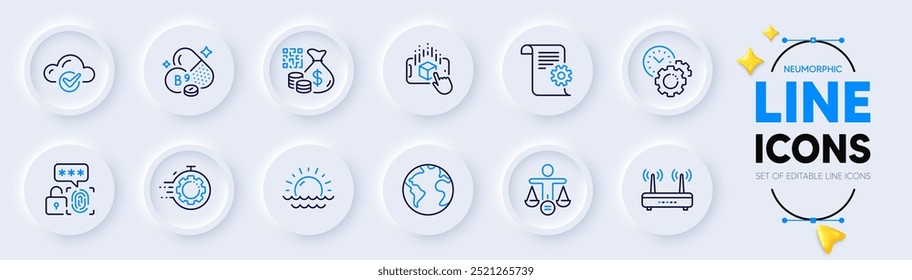 Gerenciamento de tempo, realidade aumentada e ícones de linha de documentação técnica para aplicativo Web. Pacote de Sunset, Ética, ícones de pictograma Wifi. Temporizador Seo, Segurança biométrica, sinais de código Qr. Vetor