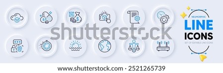 Time management, Augmented reality and Technical documentation line icons for web app. Pack of Sunset, Ethics, Wifi pictogram icons. Seo timer, Biometric security, Qr code signs. Vector