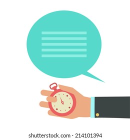 Time management background. Vector modern illustration in flat style with male hand holding stopwatch and bubble for the text