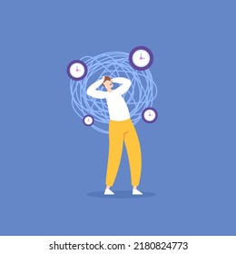 time management. bad timing. trouble with deadlines. a manager messed around with messy work hours. a male businessman or worker is dizzy and confused. illustration concept design. poster, banner, ui