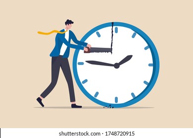 Gestión del tiempo, calendario de balance para el trabajo y el concepto de vida personal o gestión de proyectos, gerente de negocios o trabajador de oficina usando sierra para romper el reloj para administrar el tiempo de espera de los proyectos.