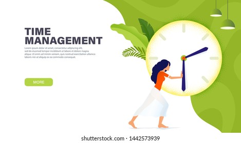 Time management banner with character, girl stopped time for rest. More time concept. The girl needs more time. Modern landing page design