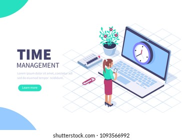 Time management banner with character and text place. Can use for web banner, infographics, hero images. Flat isometric vector illustration isolated on white background.