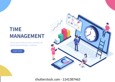 Time management banner with character and text place. Can use for web banner, infographics, hero images. Flat isometric vector illustration isolated on white background.