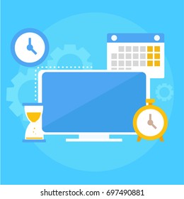 Time management banner. Computer, calendar, alarm clock, hourglass. Vector flat illustration