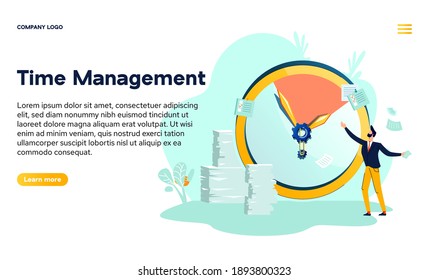Time management banner. Concept of increase work performance, organization business process. Vector landing page with flat illustration of man with paper documents, checklists and clock