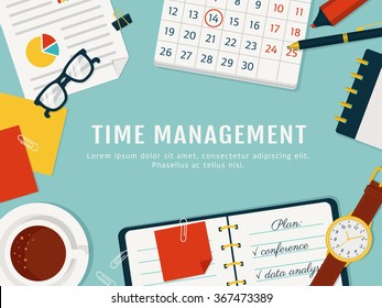 Time management banner. Efficient use of time for implementation of the plan. Vector concept background. Top view of the workplace. Flat style.