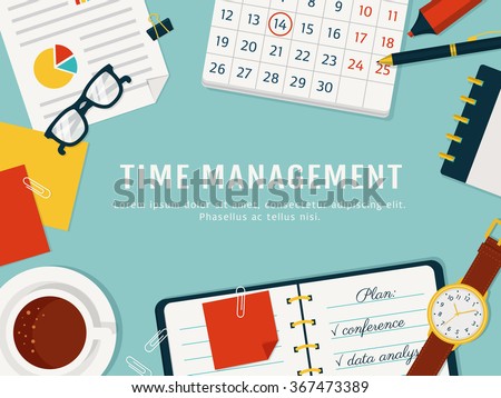 Time management banner. Efficient use of time for implementation of the plan. Vector concept background. Top view of the workplace. Flat style.