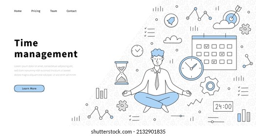 Time management banner with man in yoga pose, clock, gears and calendar. Vector landing page of work organization, time control with doodle businessman meditate, watch, hourglass and graph icons