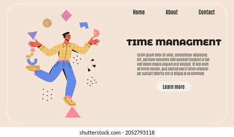 Time management banner. Multitasking, productivity, skillful concept. Man balances on a triangle and juggle abstract shapes. Modern vector cartoon flat illustration in trendy colors.