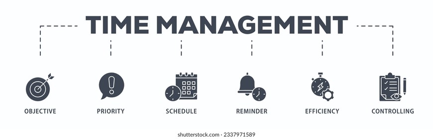 Banner de administración de tiempo icono web concepto de ilustración vectorial con icono de objetivo, prioridad, planificación, recordatorio, eficiencia, alertas y control