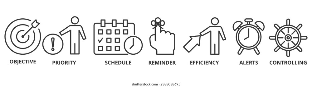 Time management banner web icon vector illustration concept with icon of objective, priority, schedule, reminder, efficiency, alerts, and controlling