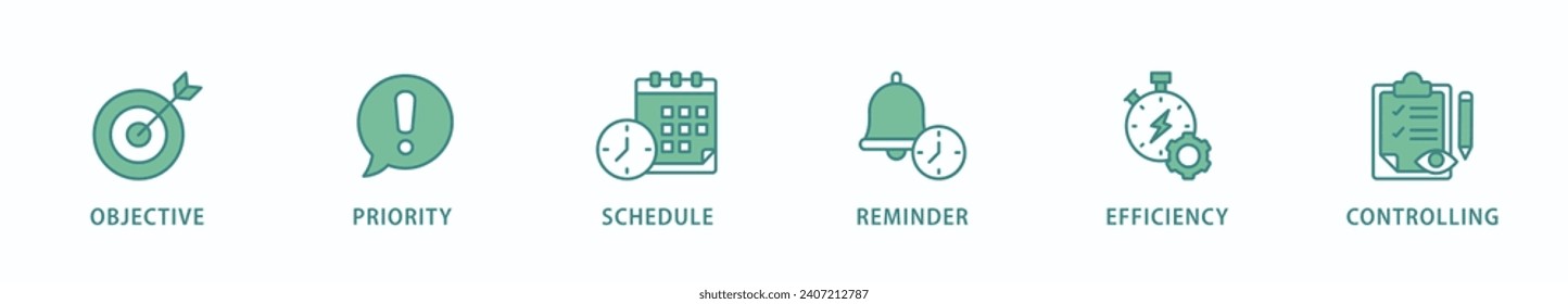 Time management banner web icon vector illustration concept with icon of objective, priority, schedule, reminder, efficiency, alerts, and controlling