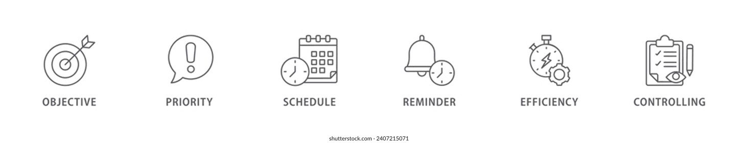 Time management banner web icon vector illustration concept with icon of objective, priority, schedule, reminder, efficiency, alerts, and controlling