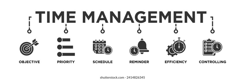 Zeitmanagement-Banner Web-Icon Vektorgrafik-Konzept mit Symbol für Ziel, Priorität, Zeitplan, Erinnerung, Effizienz, Alarmmeldungen und Controlling	
