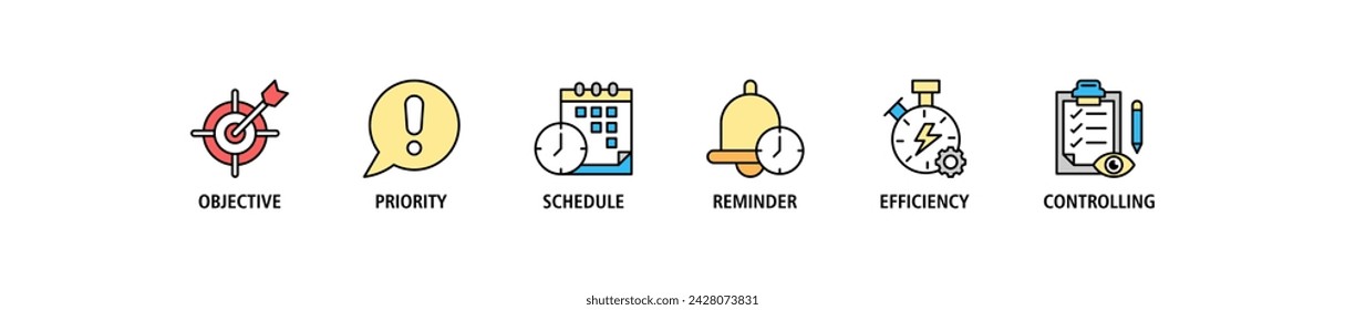 Time management banner web icon set vector illustration concept with icon of objective, priority, schedule, reminder, efficiency, alerts, and controlling