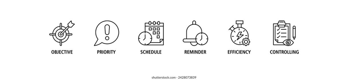 Time management banner web icon set vector illustration concept with icon of objective, priority, schedule, reminder, efficiency, alerts, and controlling