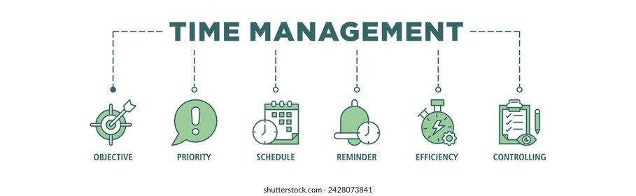 Time management banner web icon set vector illustration concept with icon of objective, priority, schedule, reminder, efficiency, alerts, and controlling