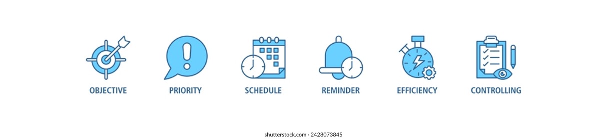 Icono web de banner de gestión de tiempo conjunto de ilustración vectorial con icono de objetivo, prioridad, programación, recordatorio, eficiencia, alertas y control