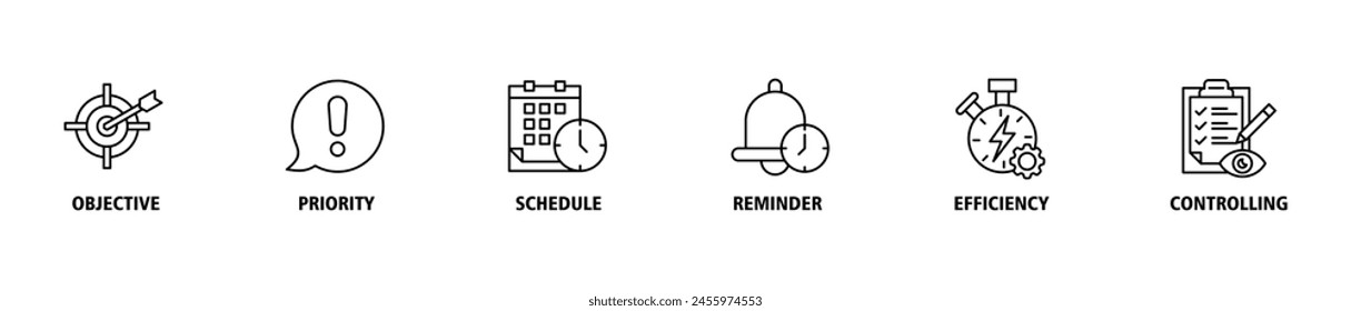 Icono de Web de Anuncio de administración del tiempo definir concepto de Ilustración vectorial con ícono de objetivo, prioridad, programación, recordatorio, eficacia, alertas y control