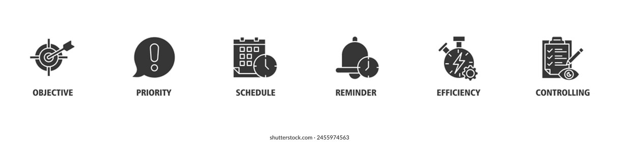 Time management banner web icon set vector illustration concept with icon of objective, priority, schedule, reminder, efficiency, alerts, and controlling