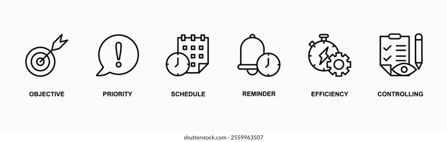 Time management banner web icon vector illustration concept with icon of objective, priority, schedule, reminder, efficiency, and controlling