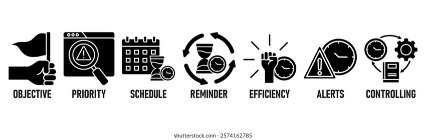 Time management banner web icon vector illustration concept with icon of objective, priority, schedule, reminder, efficiency, alerts, and controlling