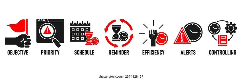 Time management banner web icon vector illustration concept with icon of objective, priority, schedule, reminder, efficiency, alerts, and controlling