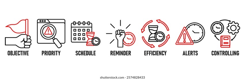 Time management banner web icon vector illustration concept with icon of objective, priority, schedule, reminder, efficiency, alerts, and controlling