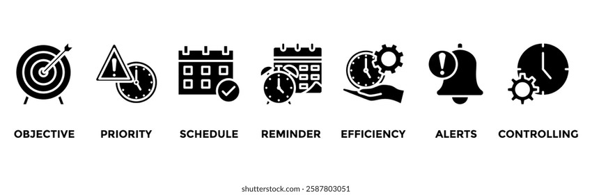 Time management banner web icon vector illustration concept with icon of objective, priority, schedule, reminder, efficiency, alerts, and controlling