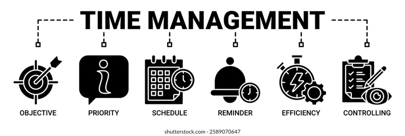 Time management banner web icon vector illustration concept with icon of objective, priority, schedule, reminder, efficiency, alerts, and controlling icons. Solid color vector symbol background.