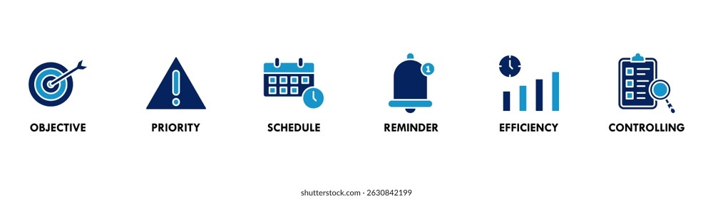 Time management banner web icon vector illustration concept with icon of objective, priority, schedule, reminder, efficiency, alerts, and controlling