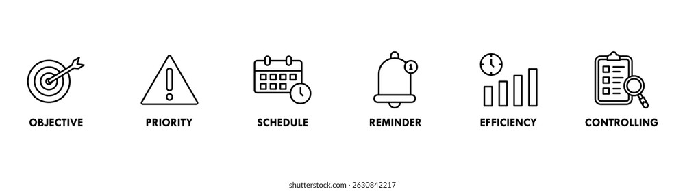 Time management banner web icon vector illustration concept with icon of objective, priority, schedule, reminder, efficiency, alerts, and controlling