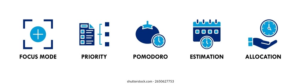 Concepto de la ilustración del icono del Web del Anuncio de la gestión del tiempo con el icono del modo del foco, de la prioridad, del pomorodo, de la estimación, y de la asignación