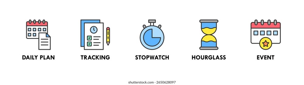 Time Management banner web icon illustration concept with icon of daily plan, tracking, stopwatch, hourglass, and event