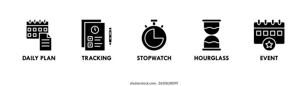 Time Management banner web icon illustration concept with icon of daily plan, tracking, stopwatch, hourglass, and event