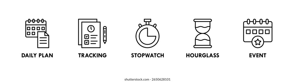 Time Management banner web icon illustration concept with icon of daily plan, tracking, stopwatch, hourglass, and event