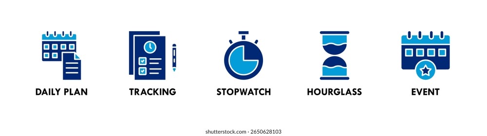Time Management banner web icon illustration concept with icon of daily plan, tracking, stopwatch, hourglass, and event