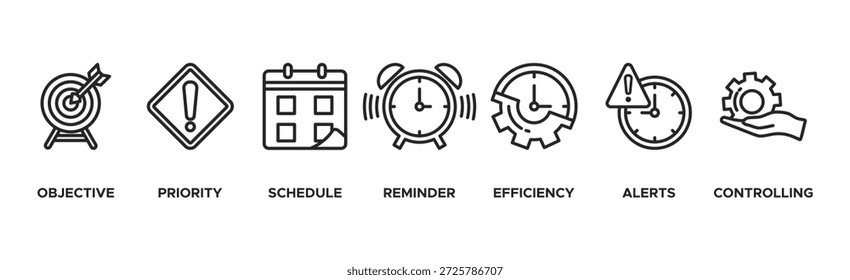 Concepto de Ilustración vectorial del icono del Web del Anuncio de la gestión del tiempo con el icono del objetivo, de la prioridad, del horario, del recordatorio, de la eficacia, de las alertas, y del control