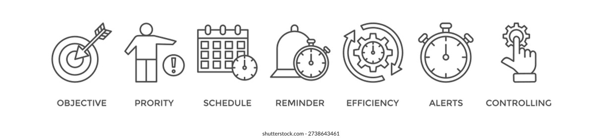 Time management banner web icon vector illustration concept with icon of objective, priority, schedule, reminder, efficiency, alerts, and controlling