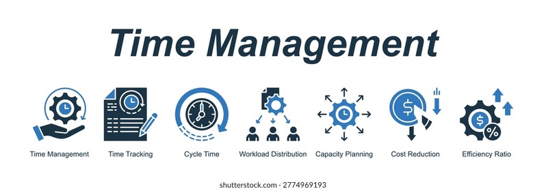 Time Management banner web icon vector illustration concept with an icon of Time Management, Time Tracking, Cycle Time, Workload Distribution, Capacity Planning, Cost Reduction, Efficiency Ratio