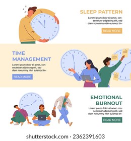 Time management banners. people with timers clock chechlists, worke organization to do list, minimalistic characters, office working time management concept. vector flat cartoon horizontal banner.