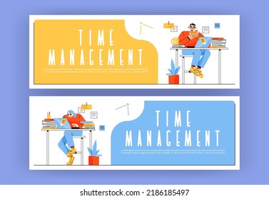 Time management banners with people working in office or home workplace. Vector headers of time control with cartoon illustration of busy employees sitting at table with laptop