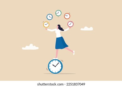 Time management for best efficiency and productivity, manage project and control timeline or schedule, speed or fast work concept, businesswoman juggling clocks and balance herself on the clock.