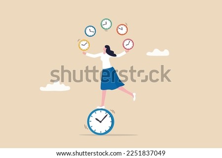 Time management for best efficiency and productivity, manage project and control timeline or schedule, speed or fast work concept, businesswoman juggling clocks and balance herself on the clock.
