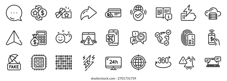 Time management, Binary code and Lightning bolt line icons pack. Share, Message, Paper plane icons. Card, Fake news, Full rotation web icon. Vector