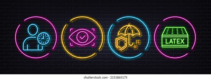 Time management, Biometric eye and Umbrella minimal line icons. Neon laser 3d lights. Latex mattress icons. For web, application, printing. User with clock, Security scan, Shield secure. Vector