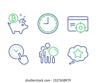 Time, Time management and Bitcoin coin line icons set. Search people, Seo targeting and Loyalty star signs. Office clock, Piggy bank, Find employee. Performance. Technology set. Vector