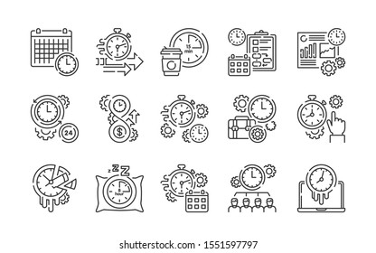 Time management black line icons set  Planning   control working   personal time concept  Signs for web page  mobile app  button  logo  Vector isolated element  Editable stroke 